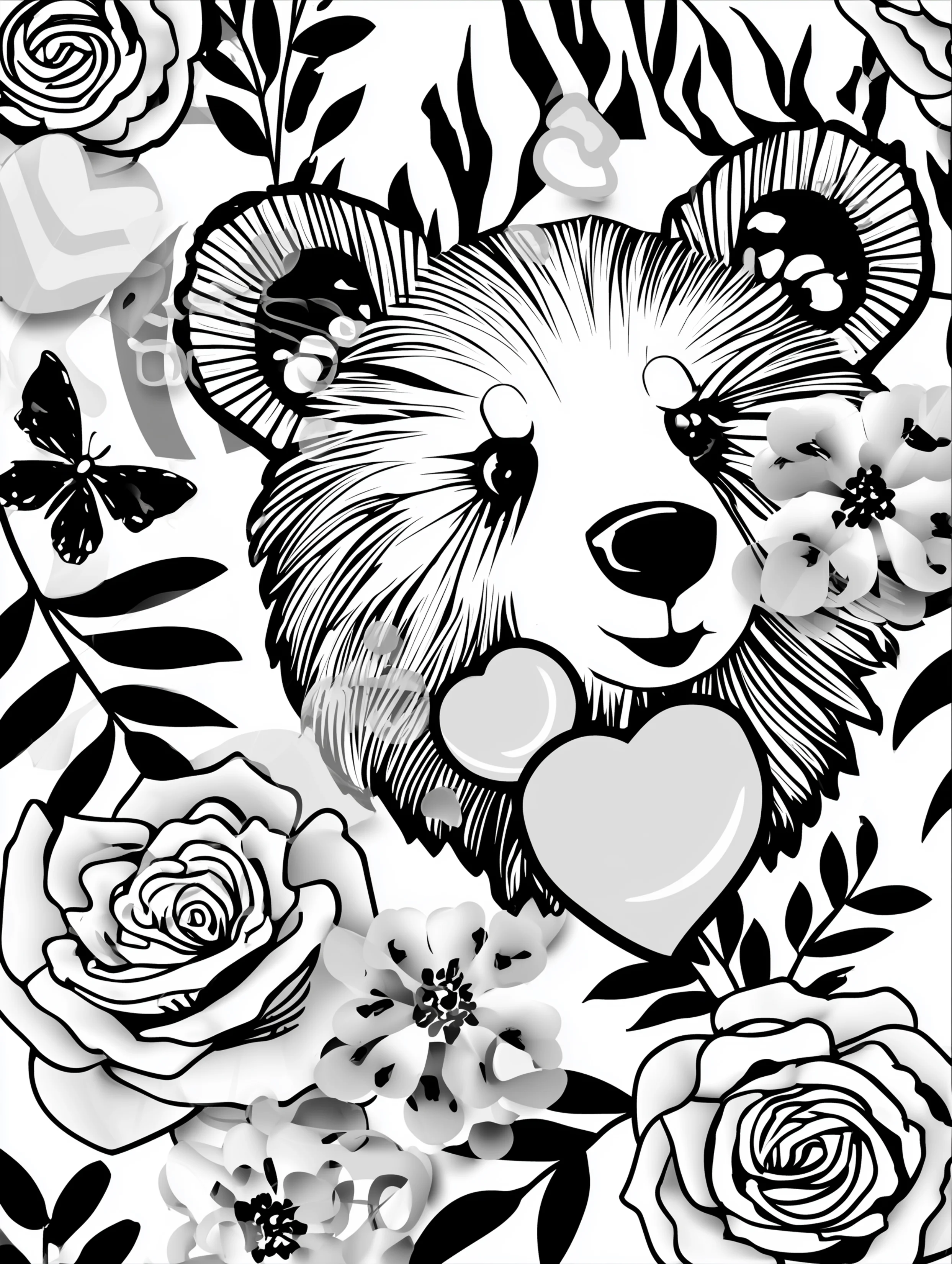 Free printable bear coloring book page featuring a bear with hearts in front